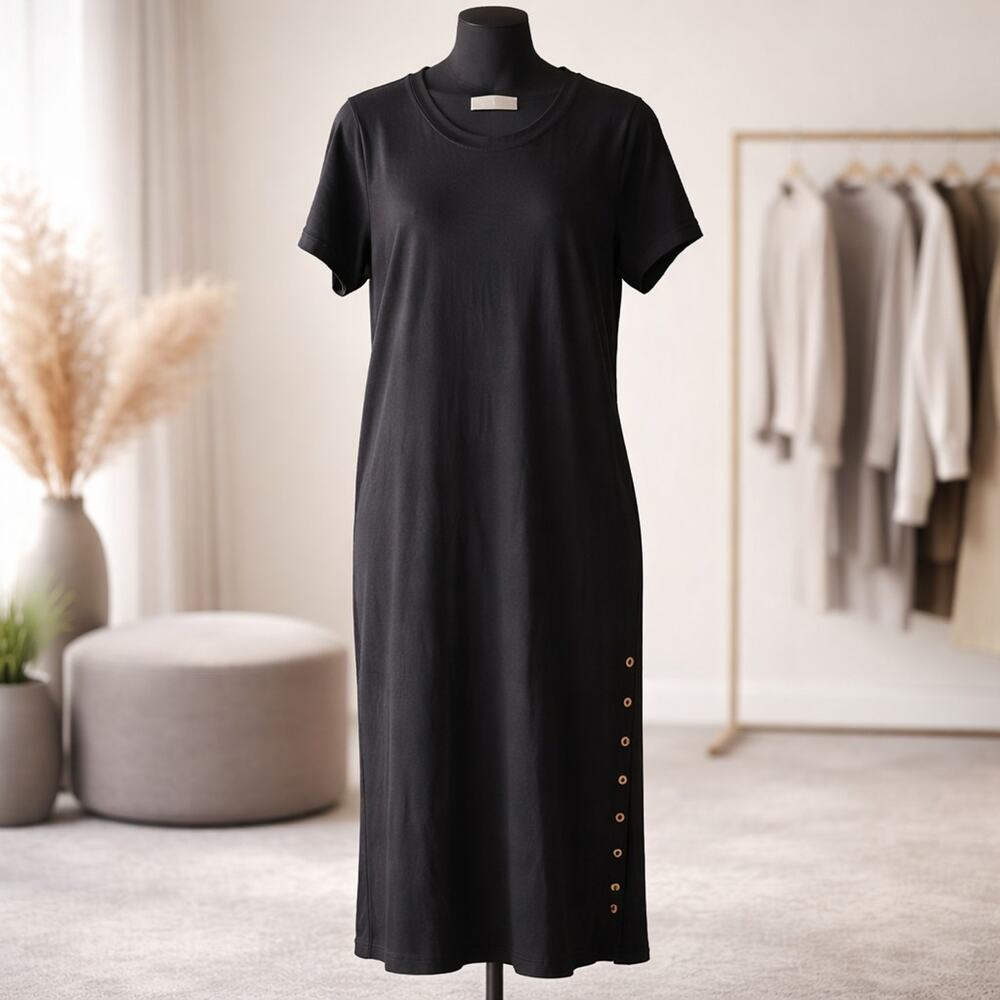 Women's Michael Kors Black Cotton Sport T Shirt Maxi Short Sleeve Dress Size L